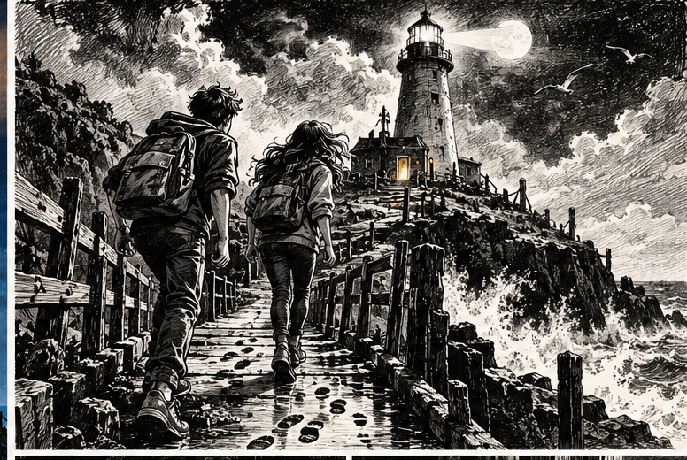 Kids approaching a haunted lighthouse