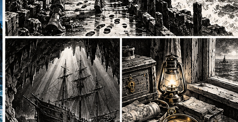 Pirate ship Black Gull in a cavern